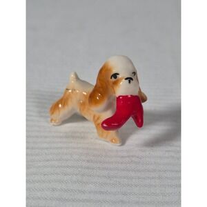 Vtg Miniature Porcelain Cocker Spaniel Dog Figurine w/Red Boot Tan White